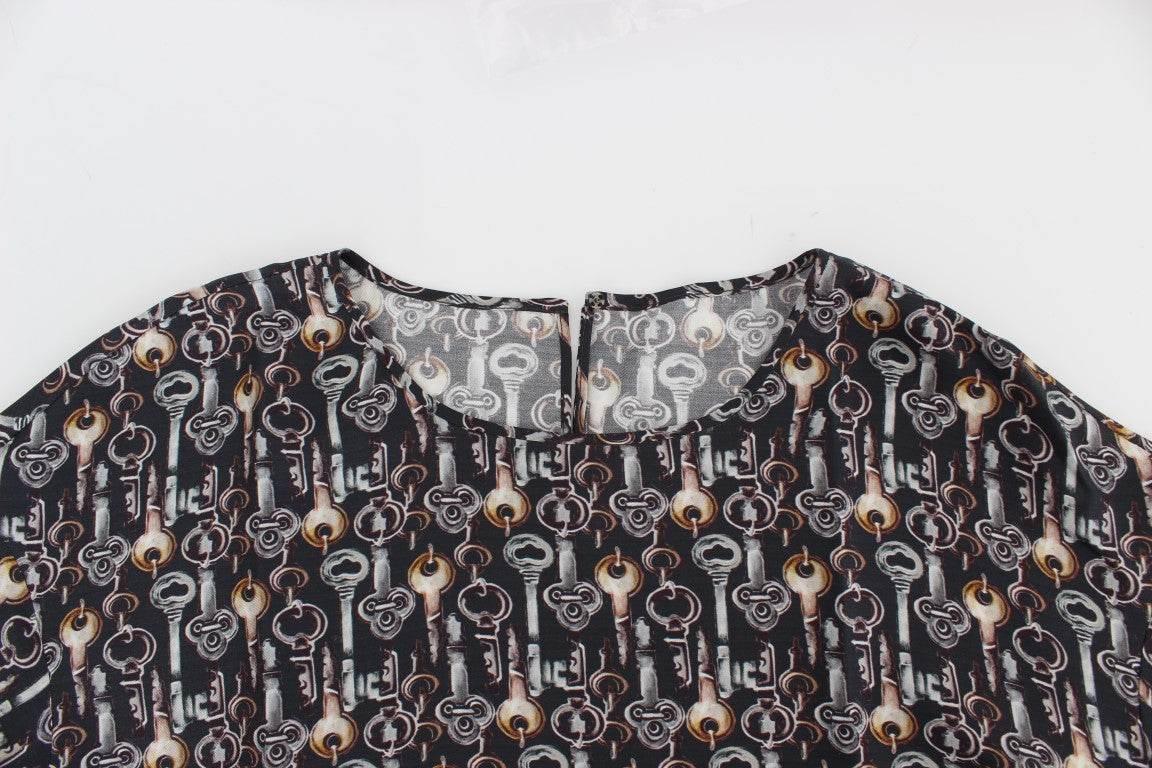 Dolce & Gabbana Gray Gold Key Print Silk Blouse T-shirt - Hilstor
