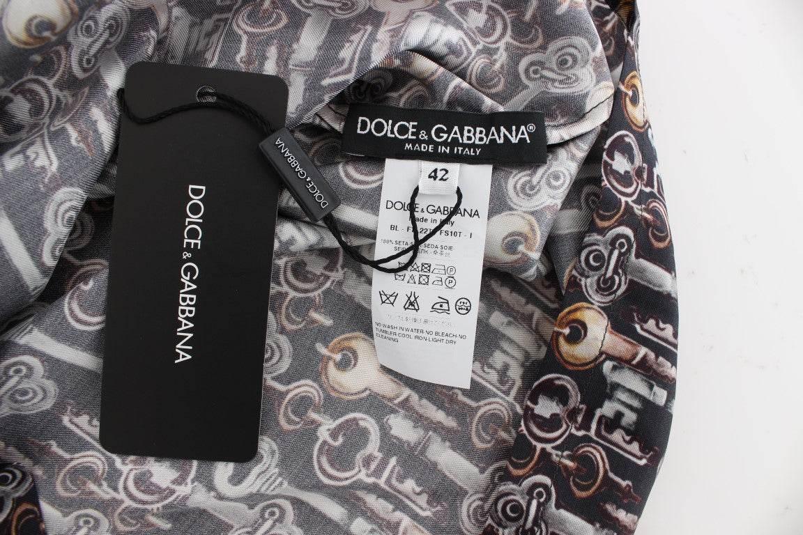 Dolce & Gabbana Gray Gold Key Print Silk Blouse T-shirt - Hilstor