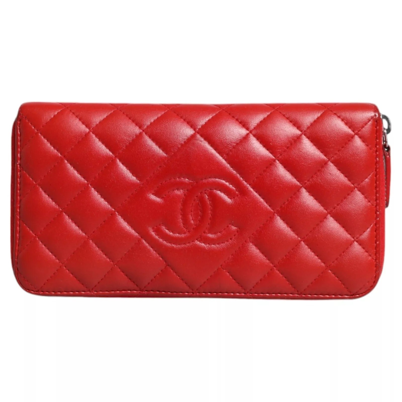 Chanel Rød Quiltet Læder Logo Continental Zip Box