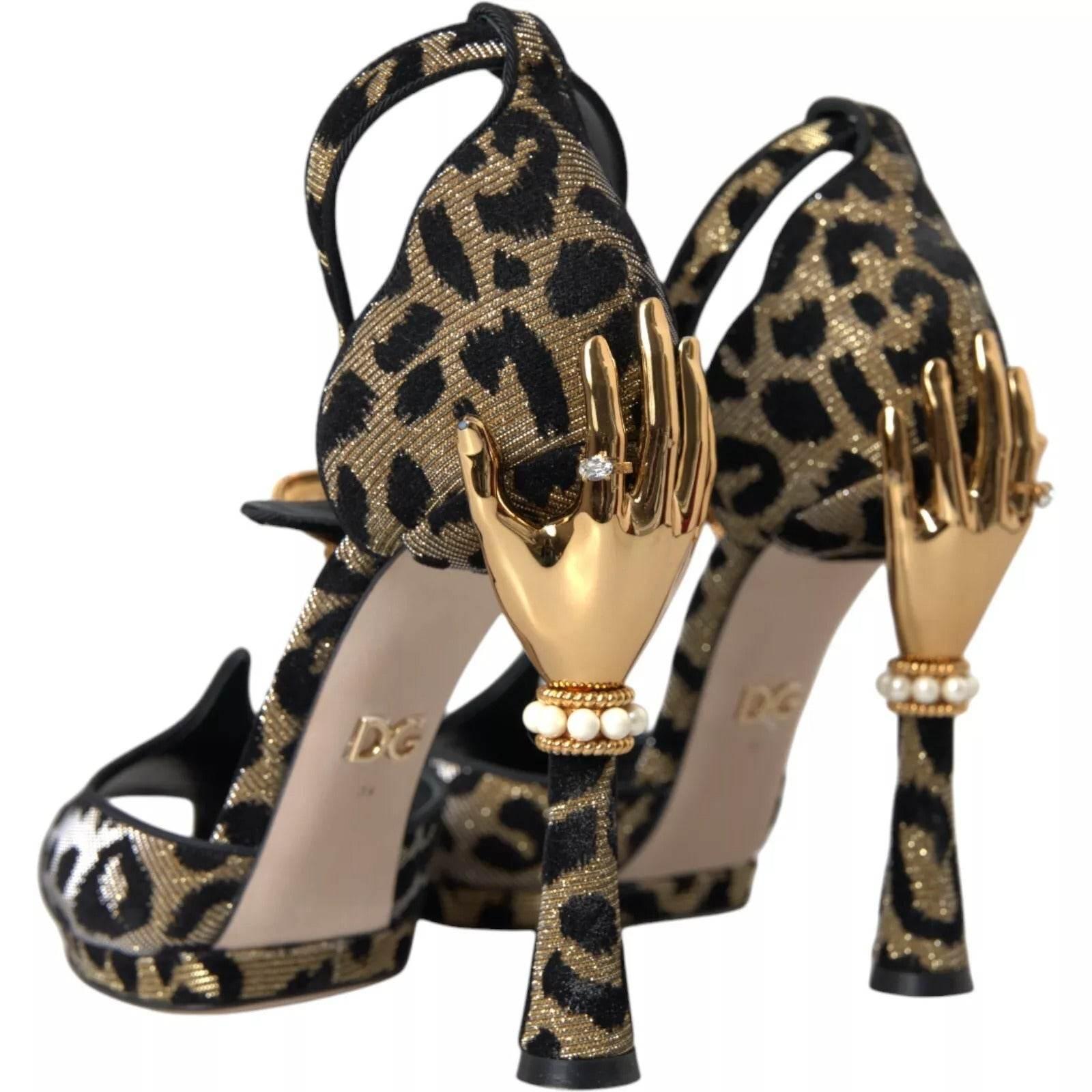Dolce & Gabbana Gold Leopard Embellished Heel Sandals Shoes - Hilstor