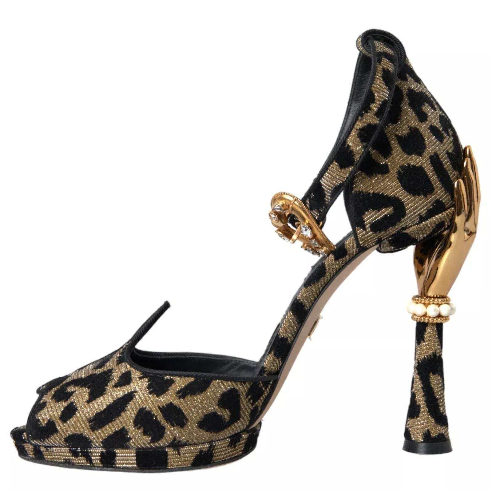 Dolce & Gabbana Gold Leopard Embellished Heel Sandals Shoes - Hilstor