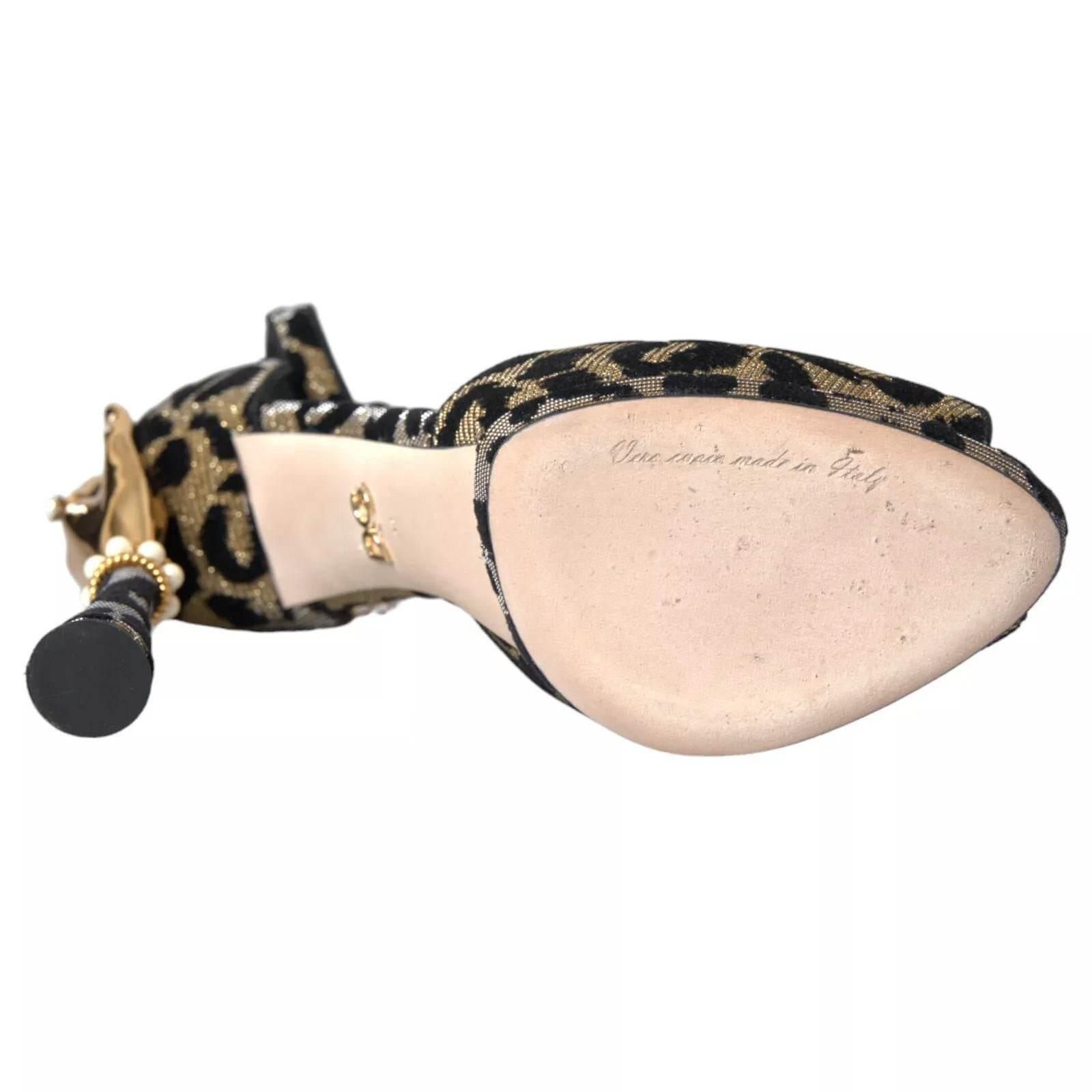 Dolce & Gabbana Gold Leopard Embellished Heel Sandals Shoes - Hilstor