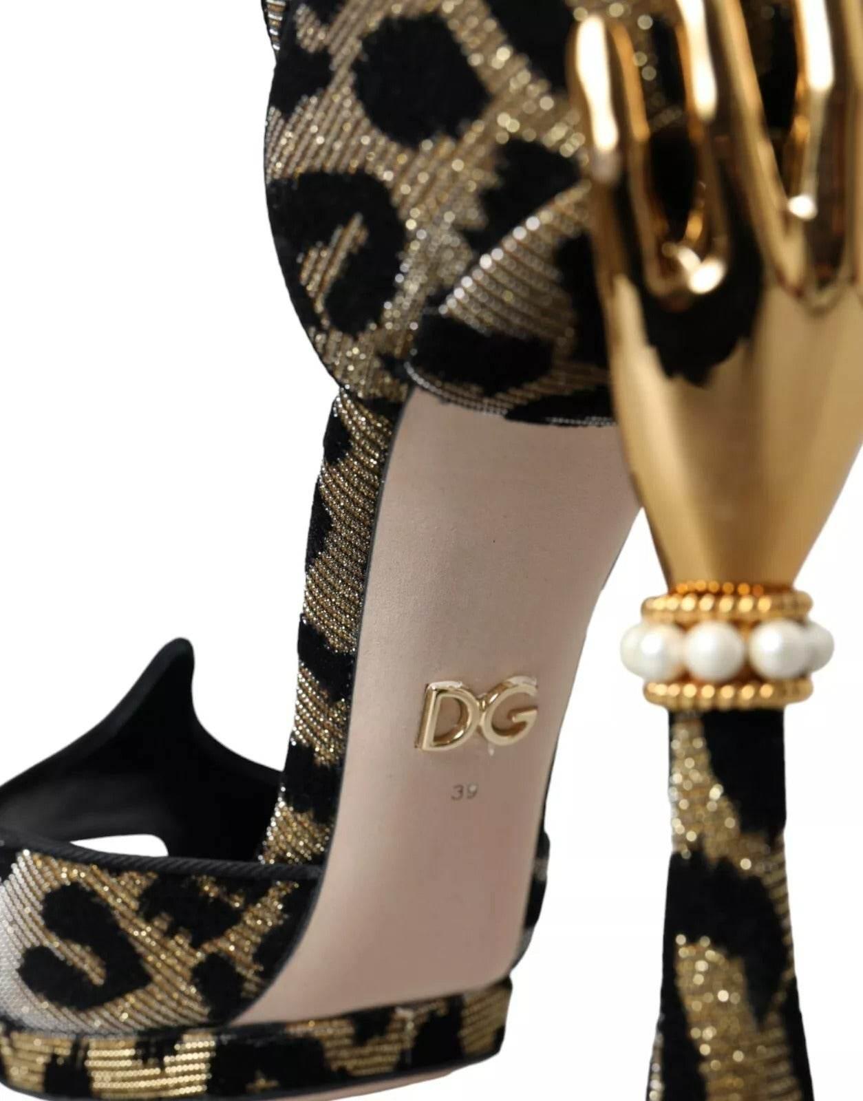 Dolce & Gabbana Gold Leopard Embellished Heel Sandals Shoes - Hilstor
