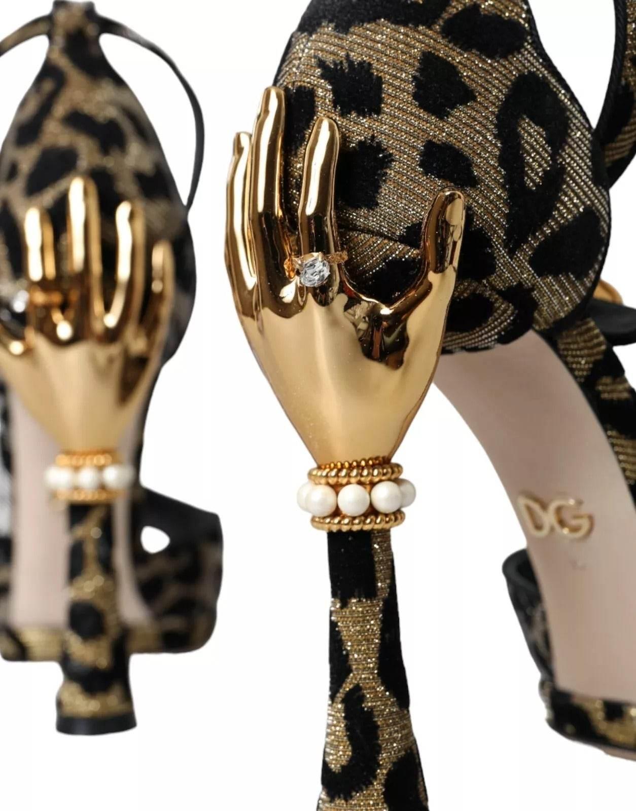 Dolce & Gabbana Gold Leopard Embellished Heel Sandals Shoes - Hilstor