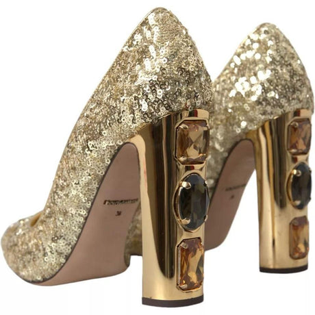 Dolce & Gabbana Gold Sequined Leather High Heels Pumps Shoes - Hilstor