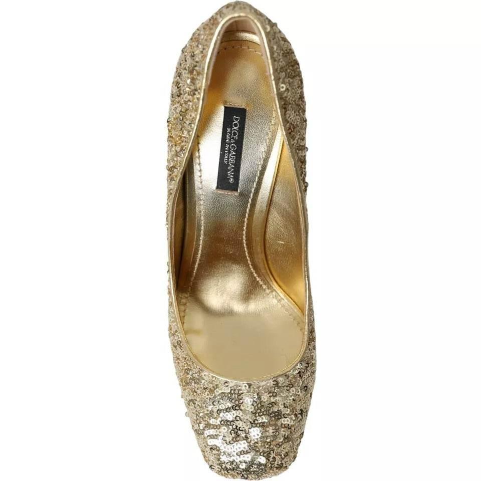 Dolce & Gabbana Gold Sequined Leather High Heels Pumps Shoes - Hilstor
