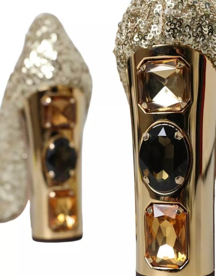 Dolce & Gabbana Gold Sequined Leather High Heels Pumps Shoes - Hilstor