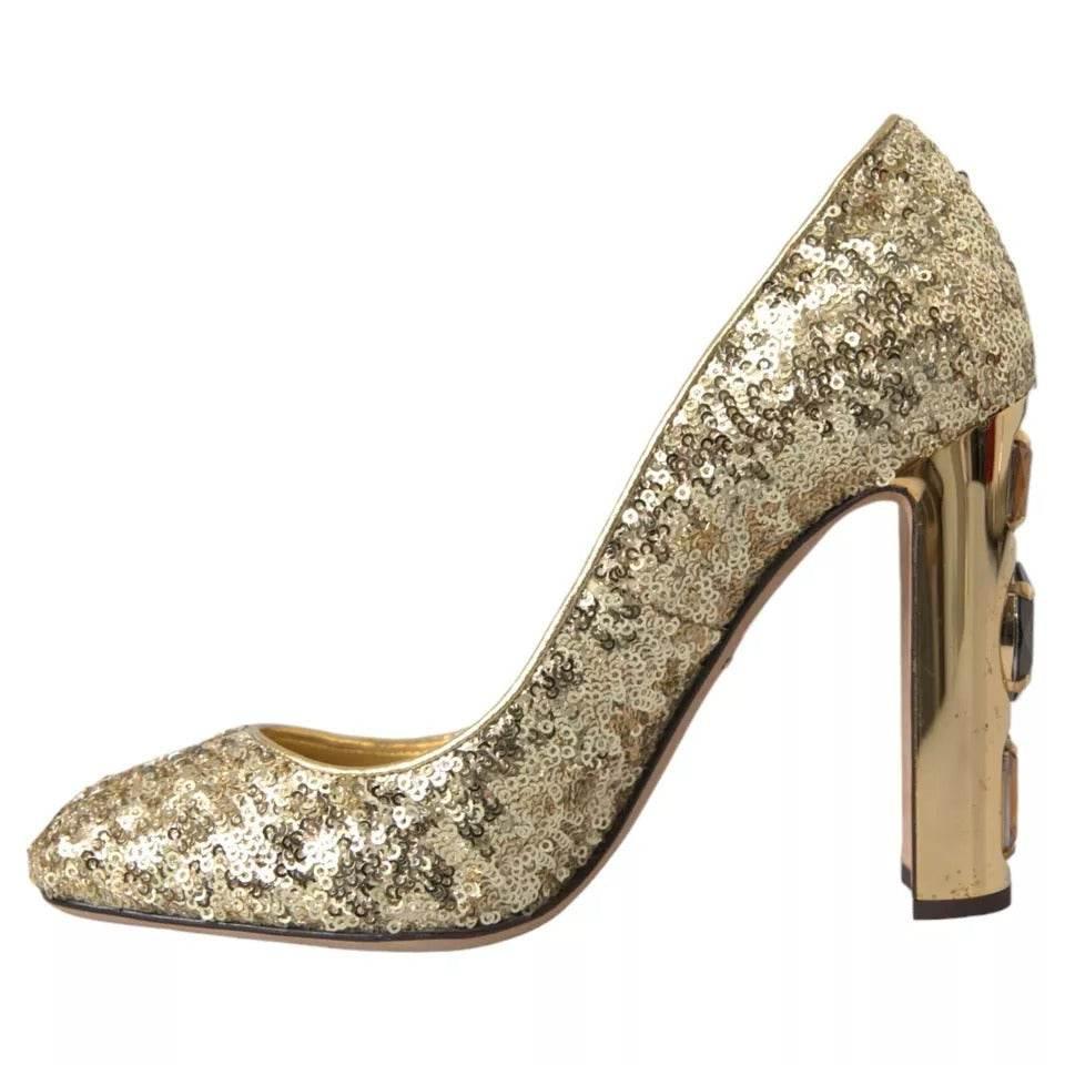 Dolce & Gabbana Gold Sequined Leather High Heels Pumps Shoes - Hilstor
