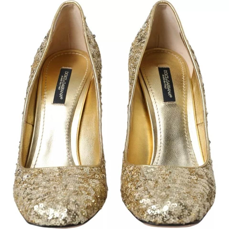 Dolce & Gabbana Gold Sequined Leather High Heels Pumps Shoes - Hilstor