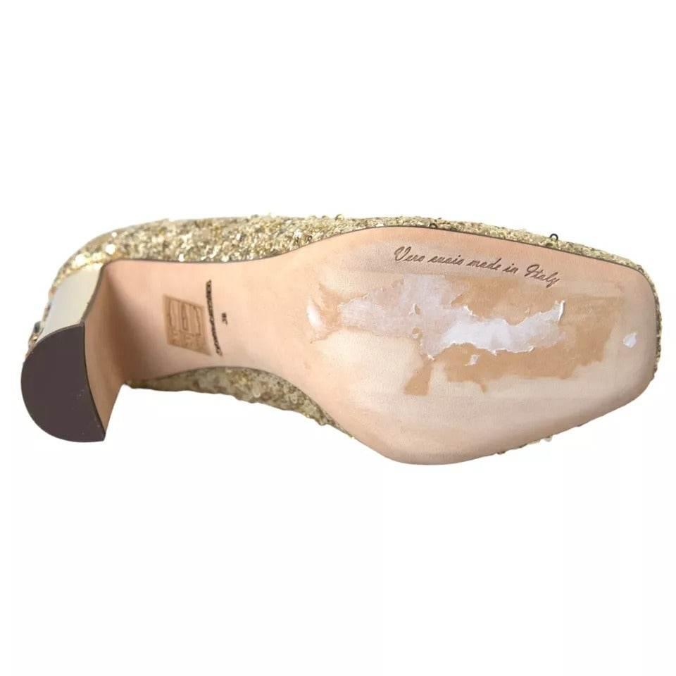 Dolce & Gabbana Gold Sequined Leather High Heels Pumps Shoes - Hilstor