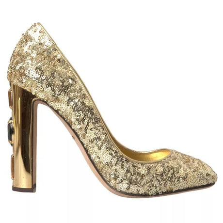 Dolce & Gabbana Gold Sequined Leather High Heels Pumps Shoes - Hilstor