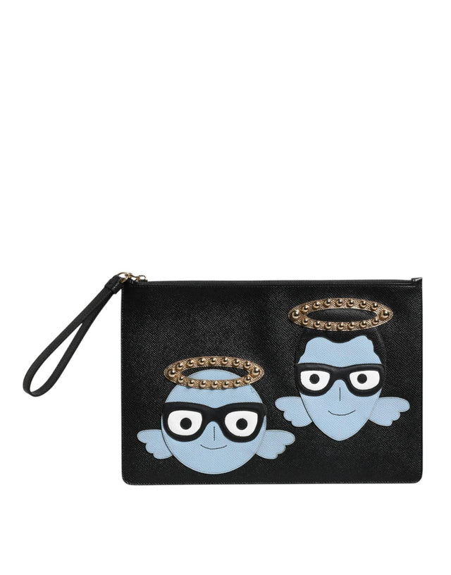 Dolce & Gabbana Black Leather #DGFAMILY Embellished Men Zip Pouch Bag - Hilstor