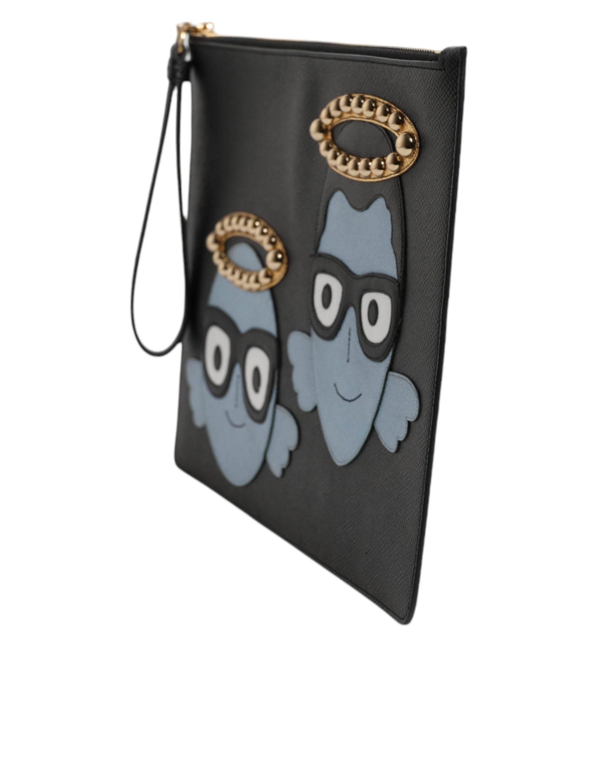 Dolce & Gabbana Black Leather #DGFAMILY Embellished Men Zip Pouch Bag - Hilstor