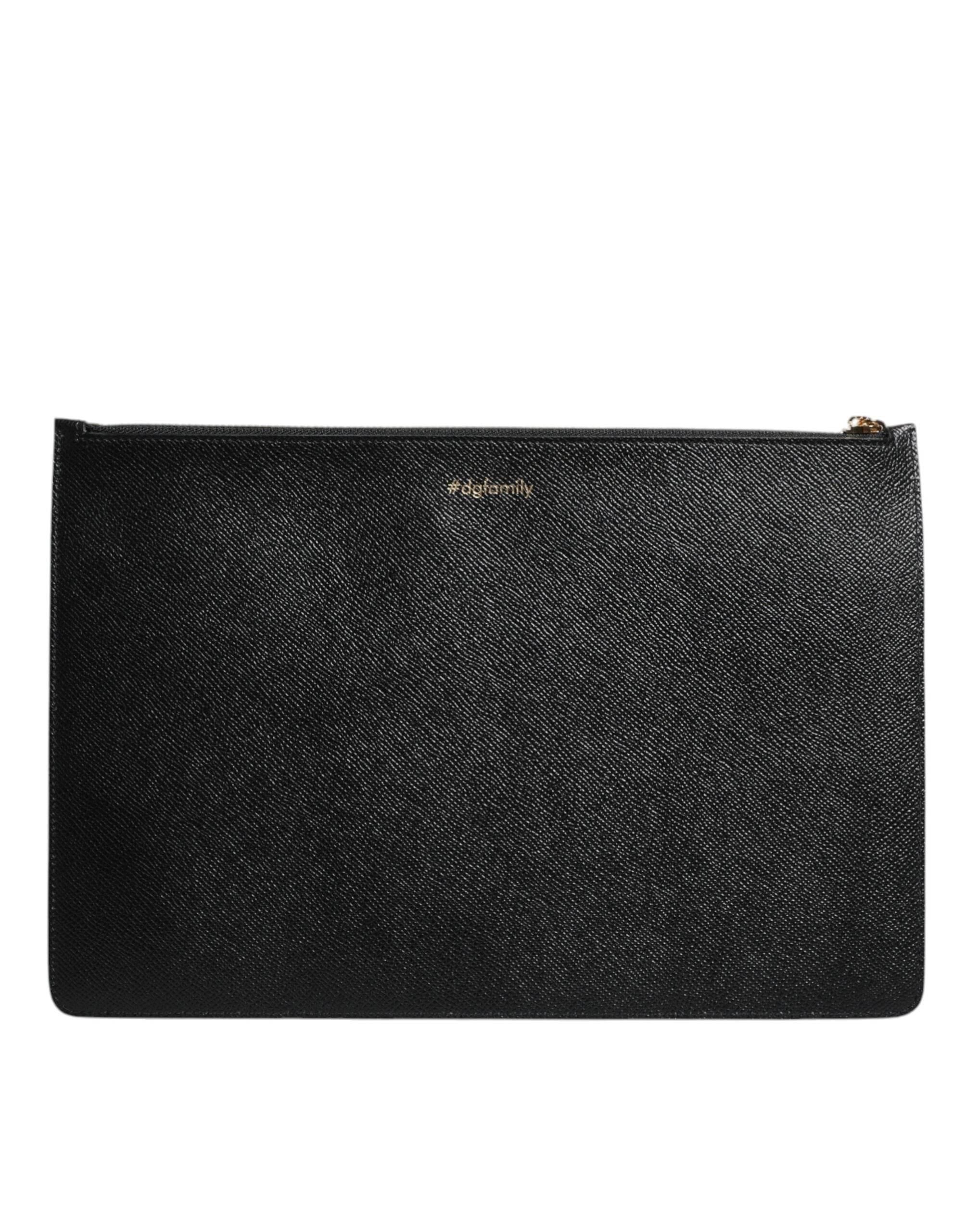 Dolce & Gabbana Black Leather #DGFAMILY Embellished Men Zip Pouch Bag - Hilstor