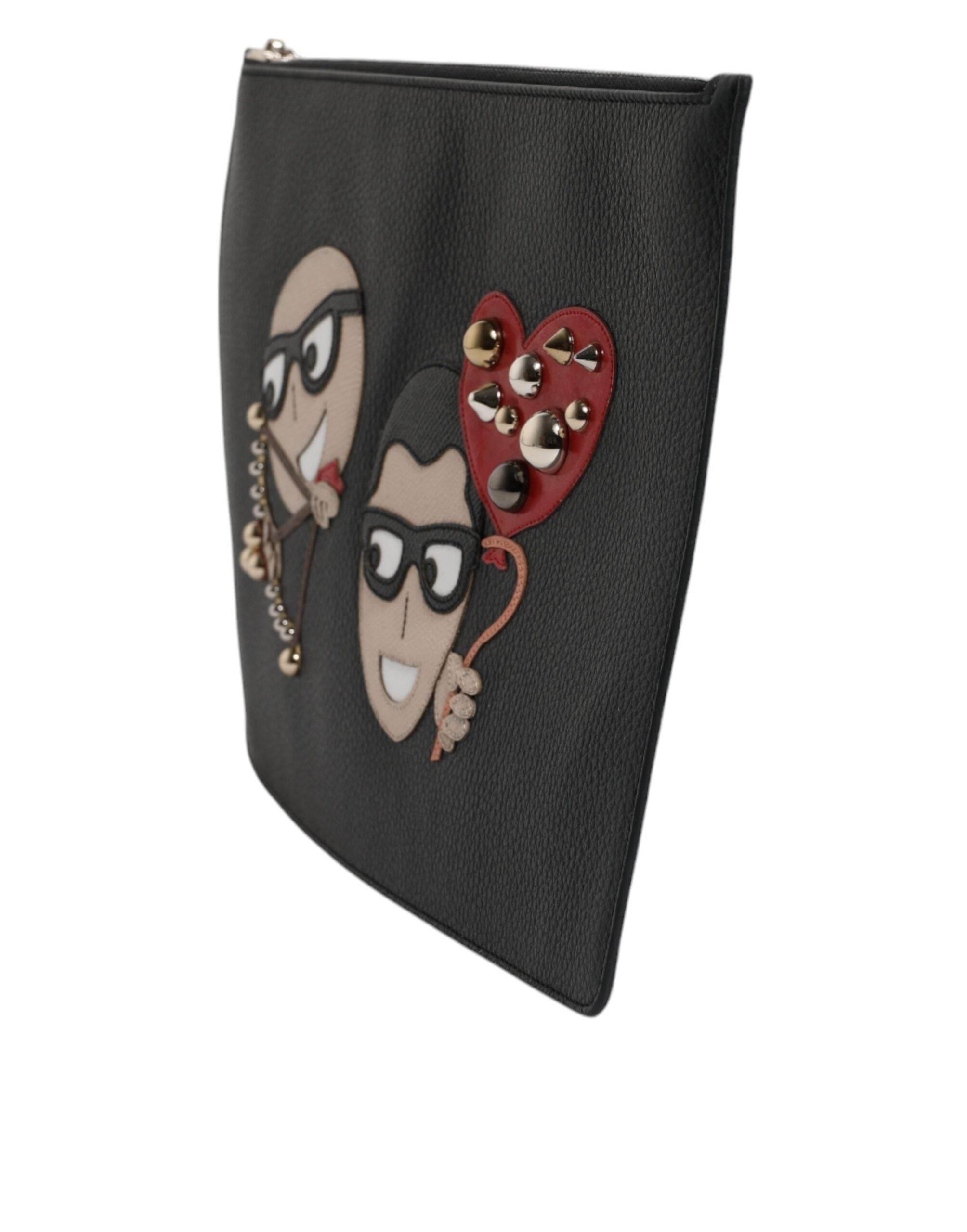 Dolce & Gabbana Black Leather #DGFAMILY Embellished Men Zip Pouch Bag - Hilstor