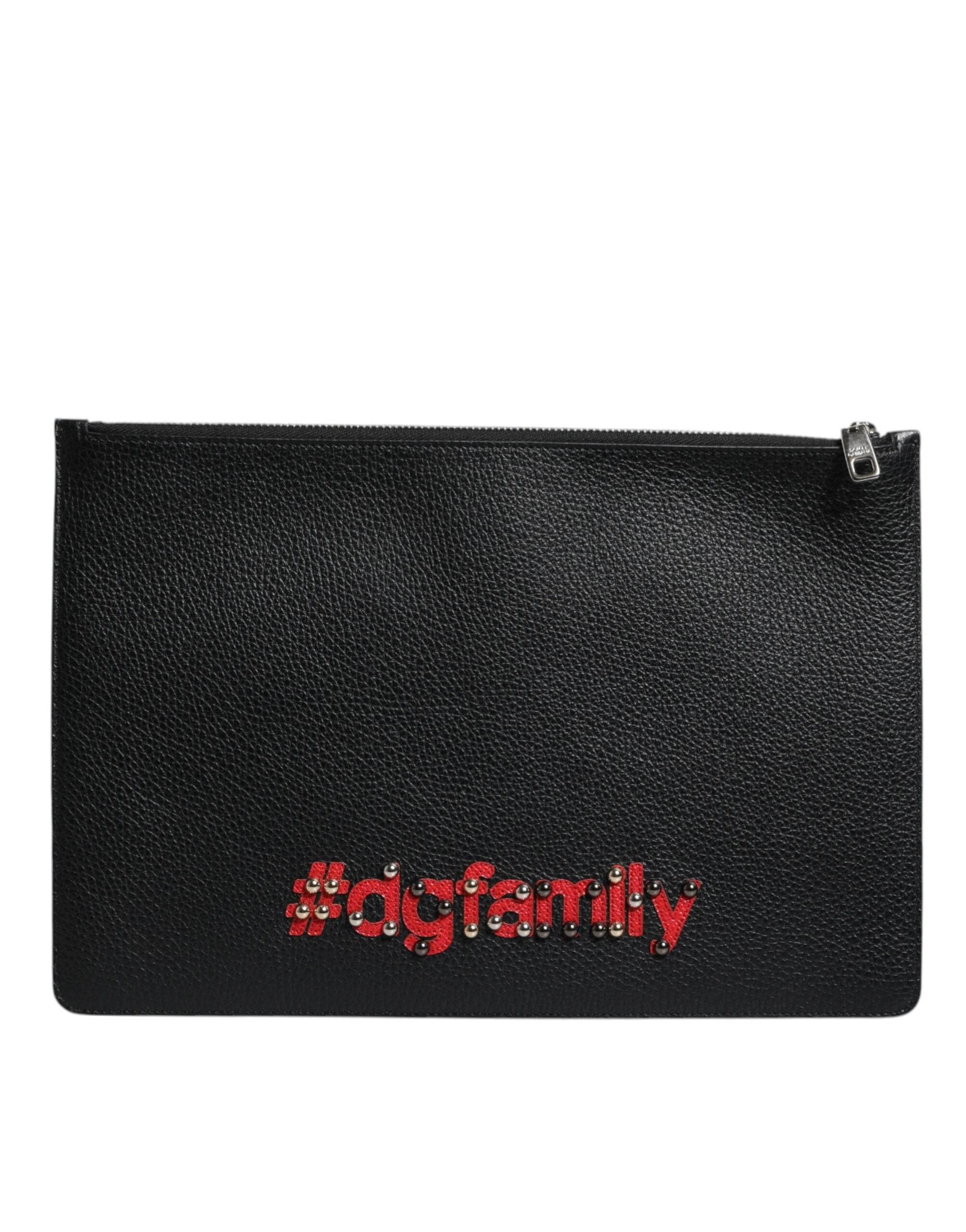 Dolce & Gabbana Black Leather #DGFAMILY Embellished Men Zip Pouch Bag - Hilstor