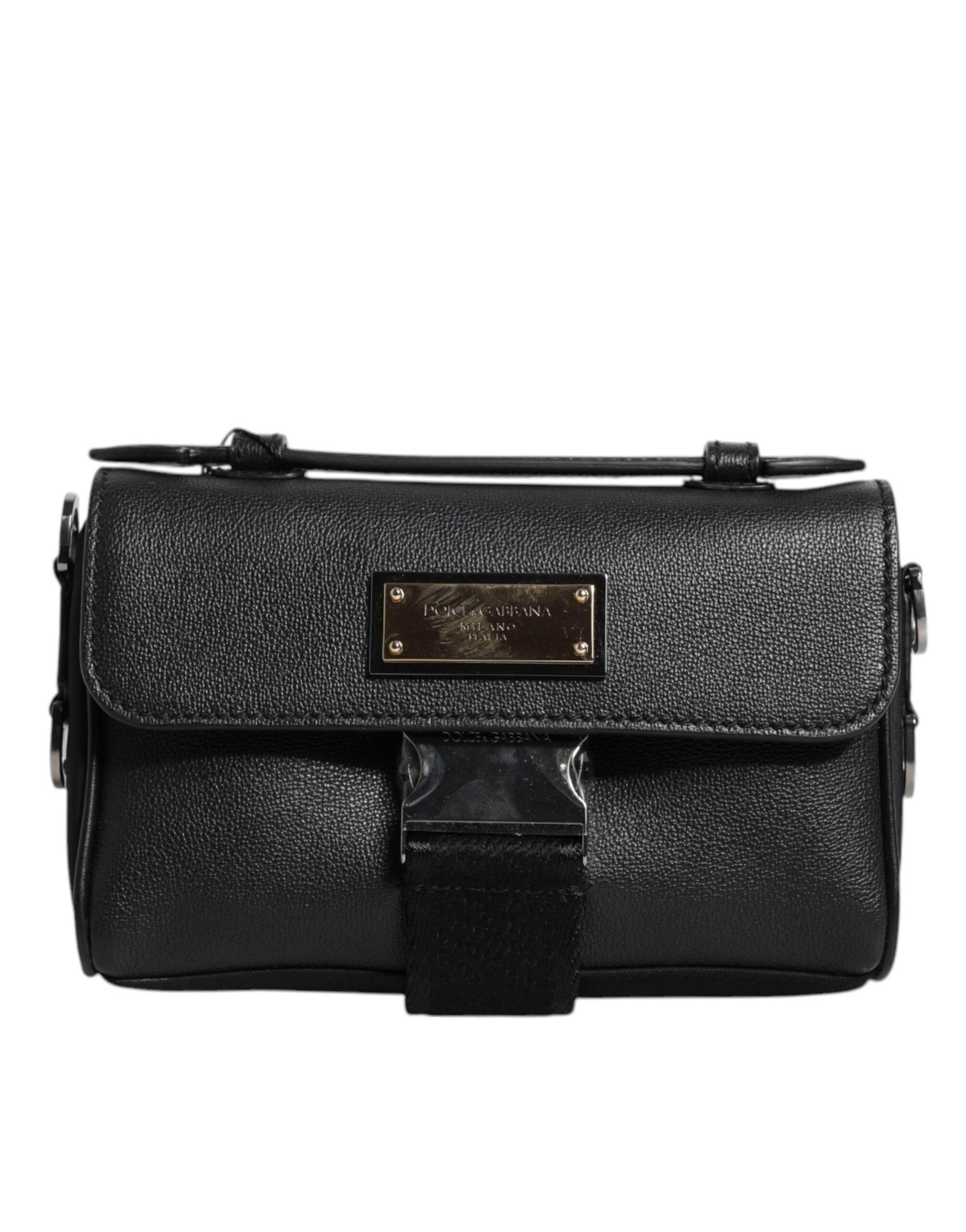 Dolce & Gabbana Black Logo Plaque Leather Buckled Shoulder Crossbody Bag - Hilstor