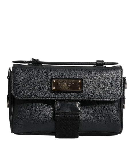 Dolce & Gabbana Black Logo Plaque Leather Buckled Shoulder Crossbody Bag - Hilstor