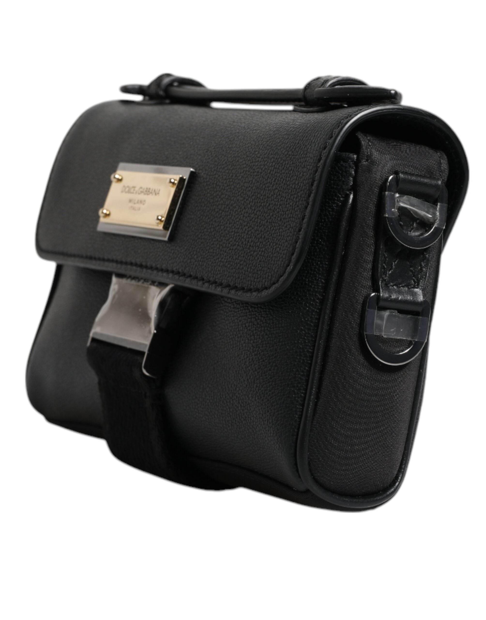 Dolce & Gabbana Black Logo Plaque Leather Buckled Shoulder Crossbody Bag - Hilstor