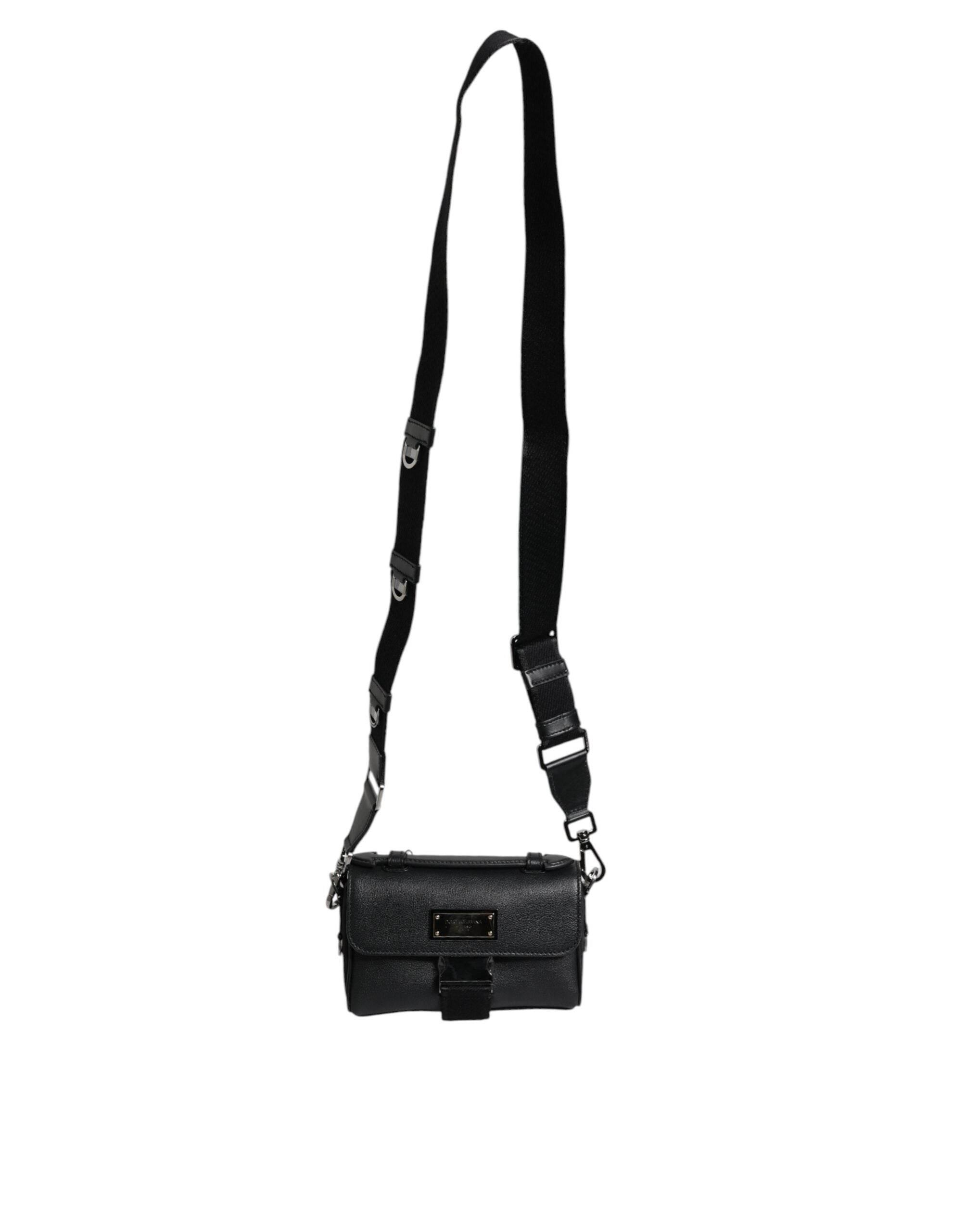 Dolce & Gabbana Black Logo Plaque Leather Buckled Shoulder Crossbody Bag - Hilstor