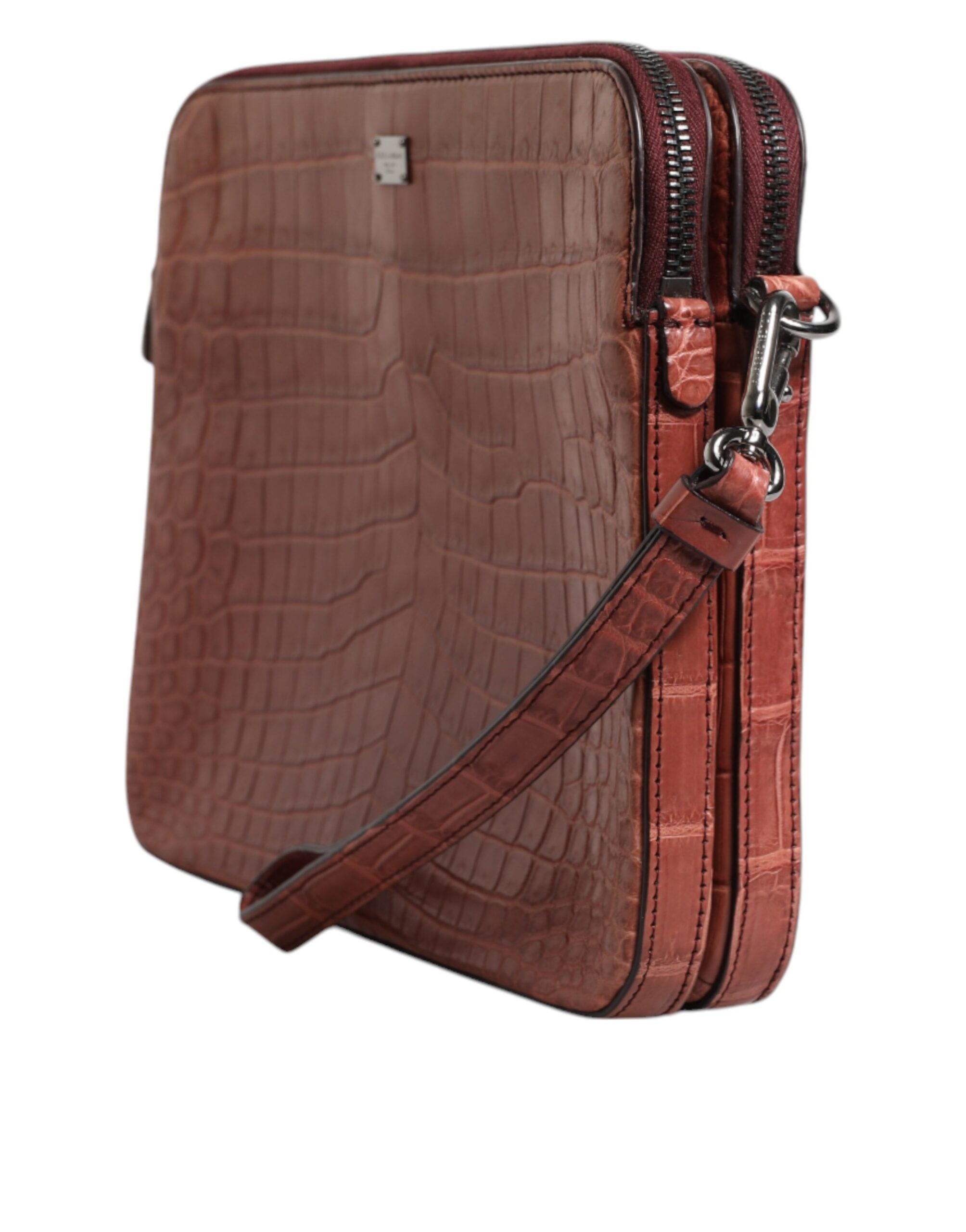 Dolce &amp; Gabbana Bordeaux Croc Læder Logo Plaque Mænd Briefcase Taske