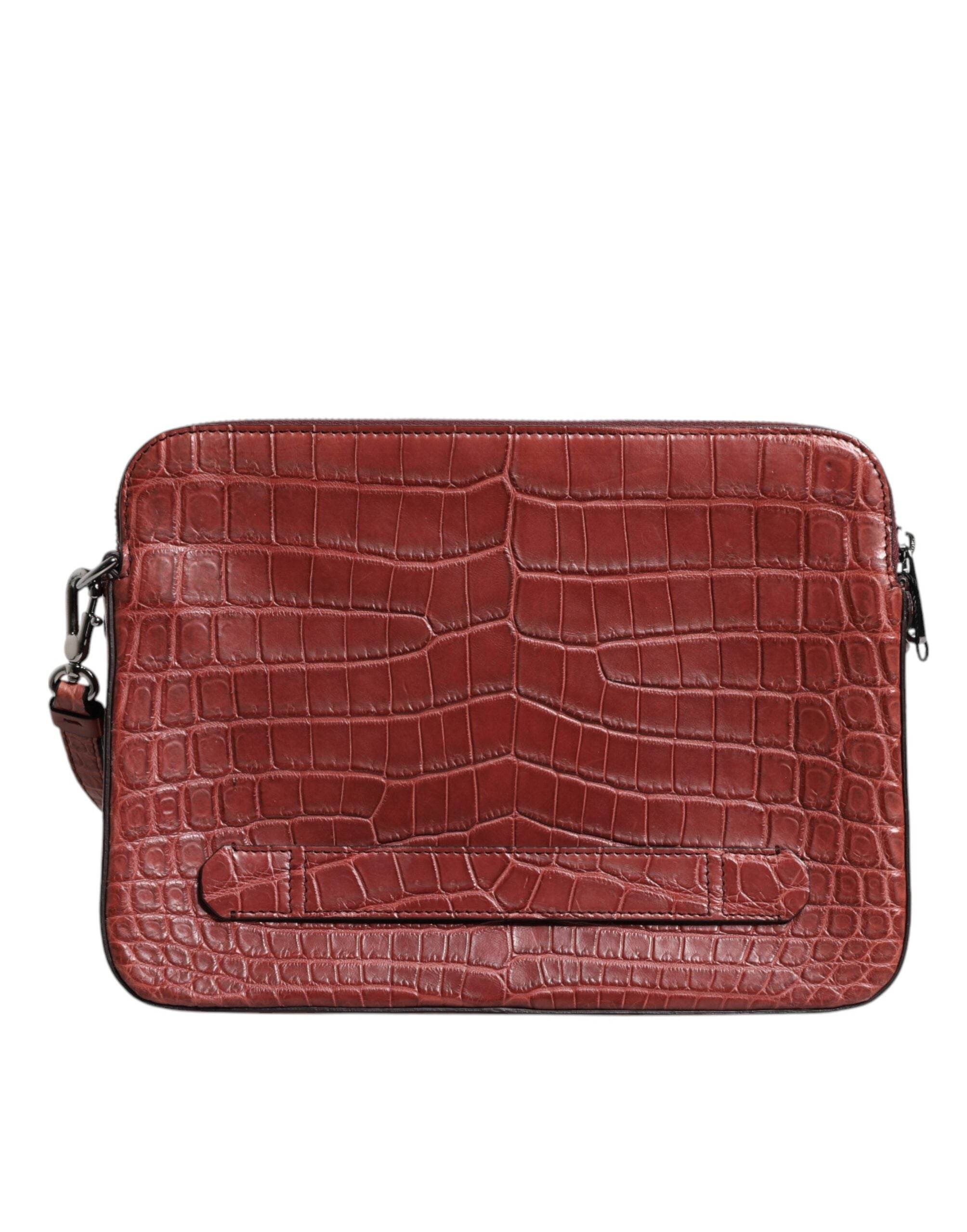 Dolce & Gabbana Bordeaux Croc Leather Logo Plaque Men Briefcase Bag - Hilstor