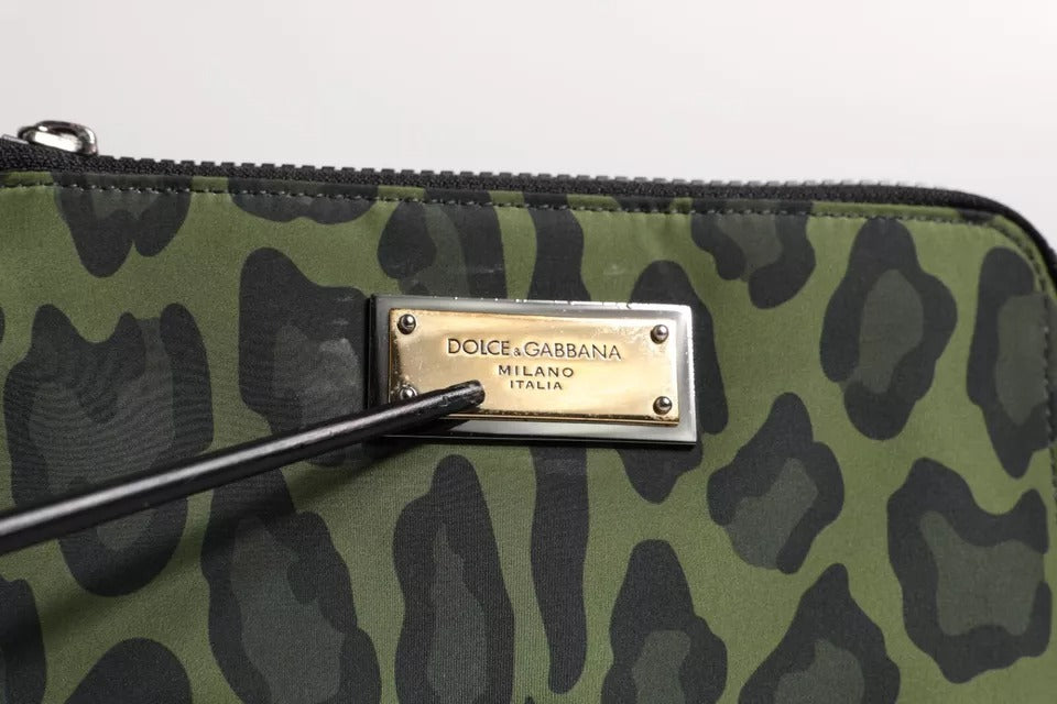Dolce &amp; Gabbana Grøn Leopard Læder Logo Plaque Multifunktionssæt Taske