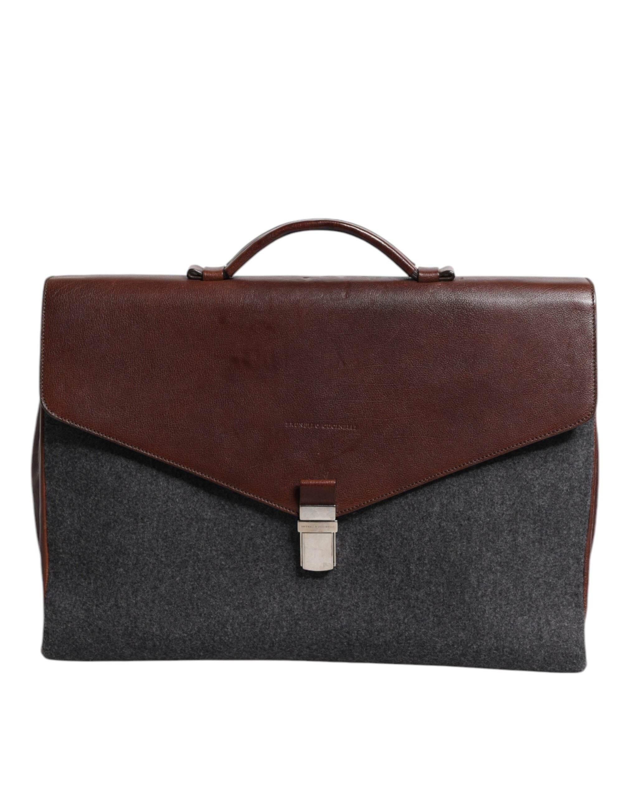Brunello Cucinelli Brown Gray Leather Cognac Wool Business Tote Bag - Hilstor
