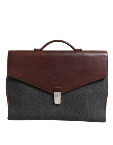 Brunello Cucinelli Brown Gray Leather Cognac Wool Business Tote Bag - Hilstor
