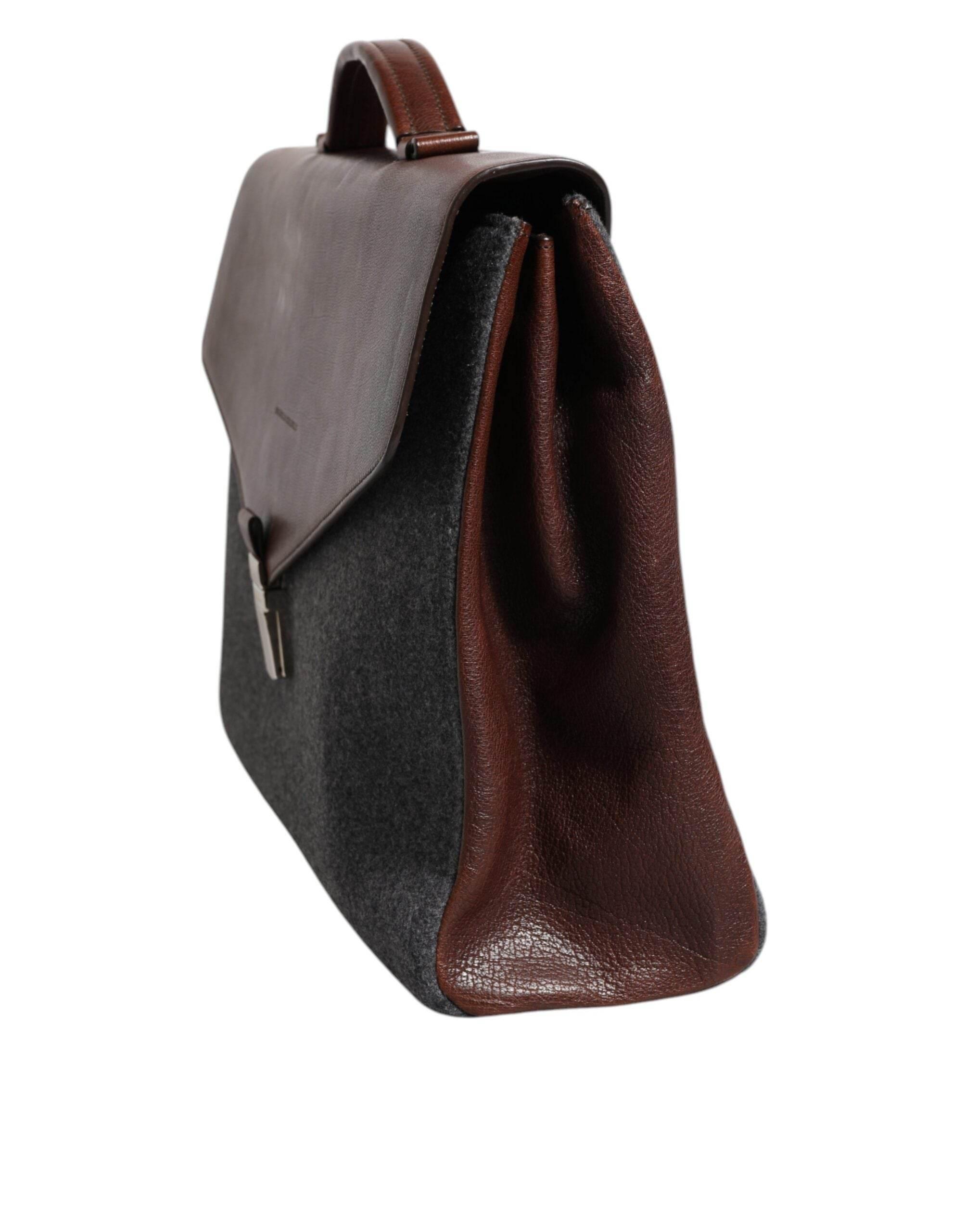 Brunello Cucinelli Brown Gray Leather Cognac Wool Business Tote Bag - Hilstor