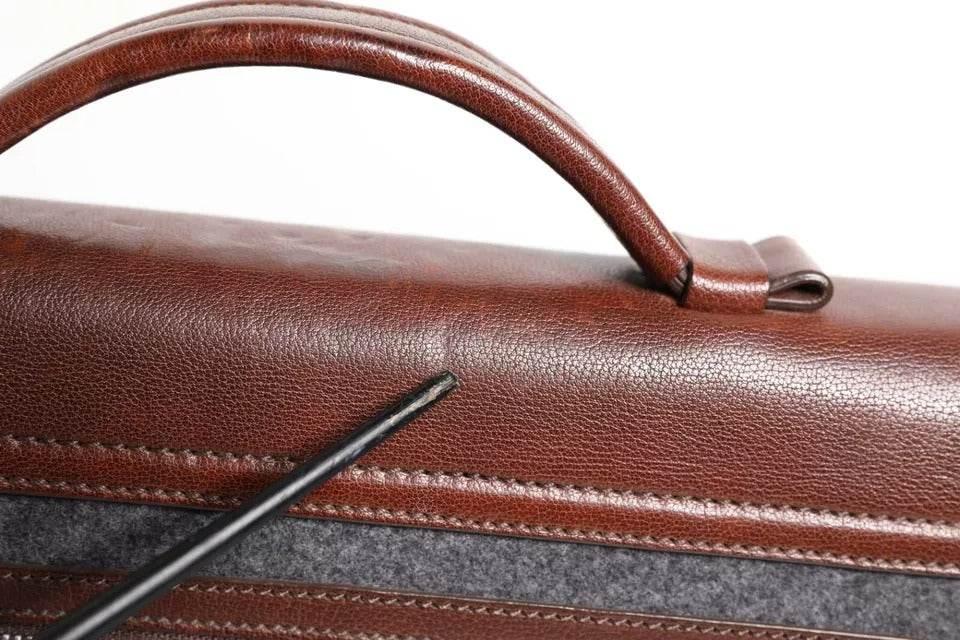 Brunello Cucinelli Brown Gray Leather Cognac Wool Business Tote Bag - Hilstor