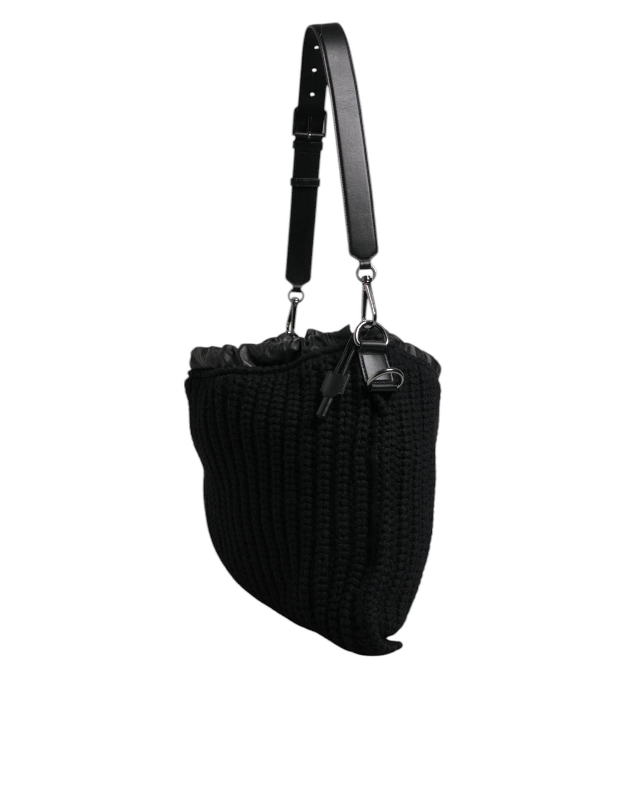 Dolce & Gabbana Black Cashmere Knitted Leather Shoulder Bag - Hilstor