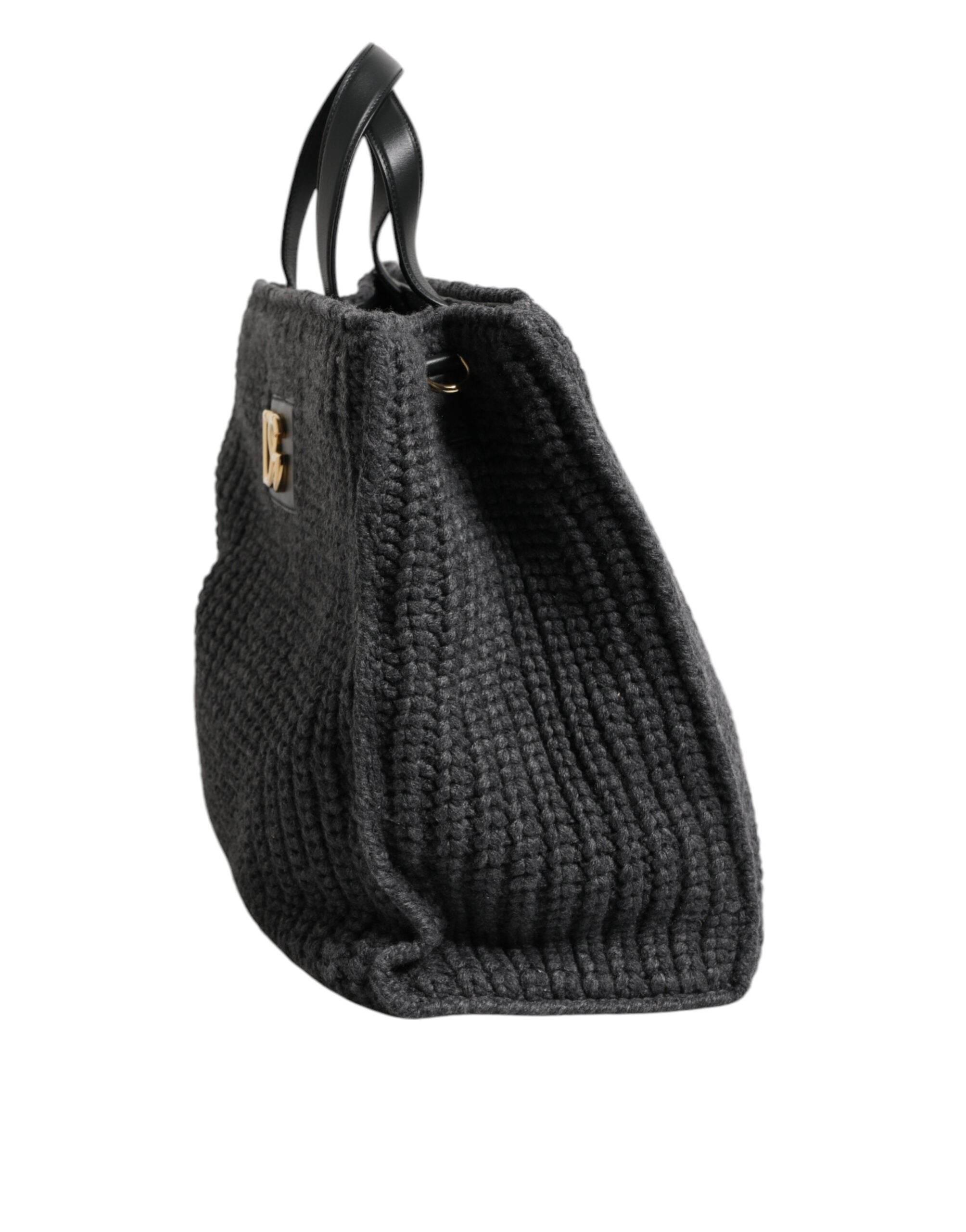 Dolce & Gabbana Black Large Knitted Crochet Shoulder Shopper DG Logo Bag - Hilstor