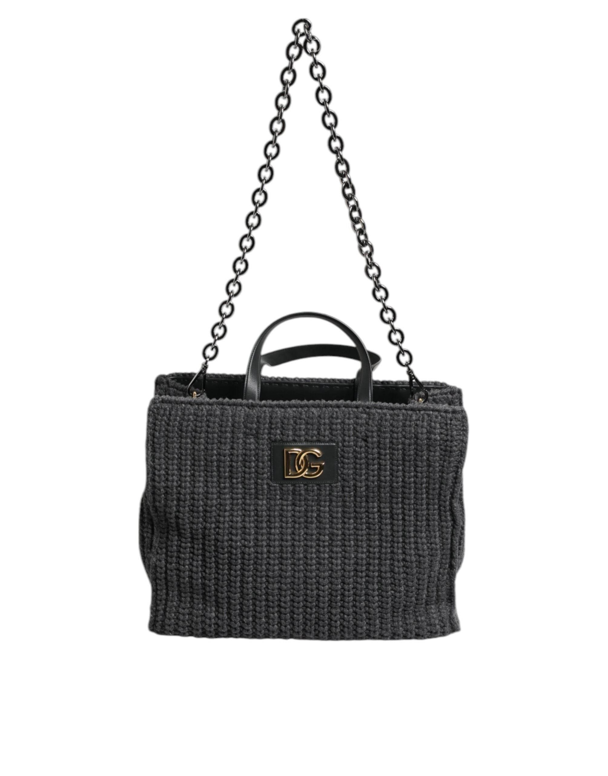 Dolce & Gabbana Black Large Knitted Crochet Shoulder Shopper DG Logo Bag - Hilstor
