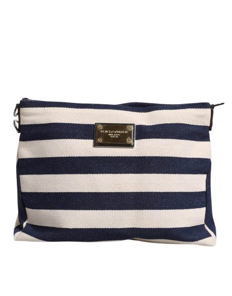Dolce & Gabbana Blue White Stripes Logo Plaque Tote Bag - Hilstor