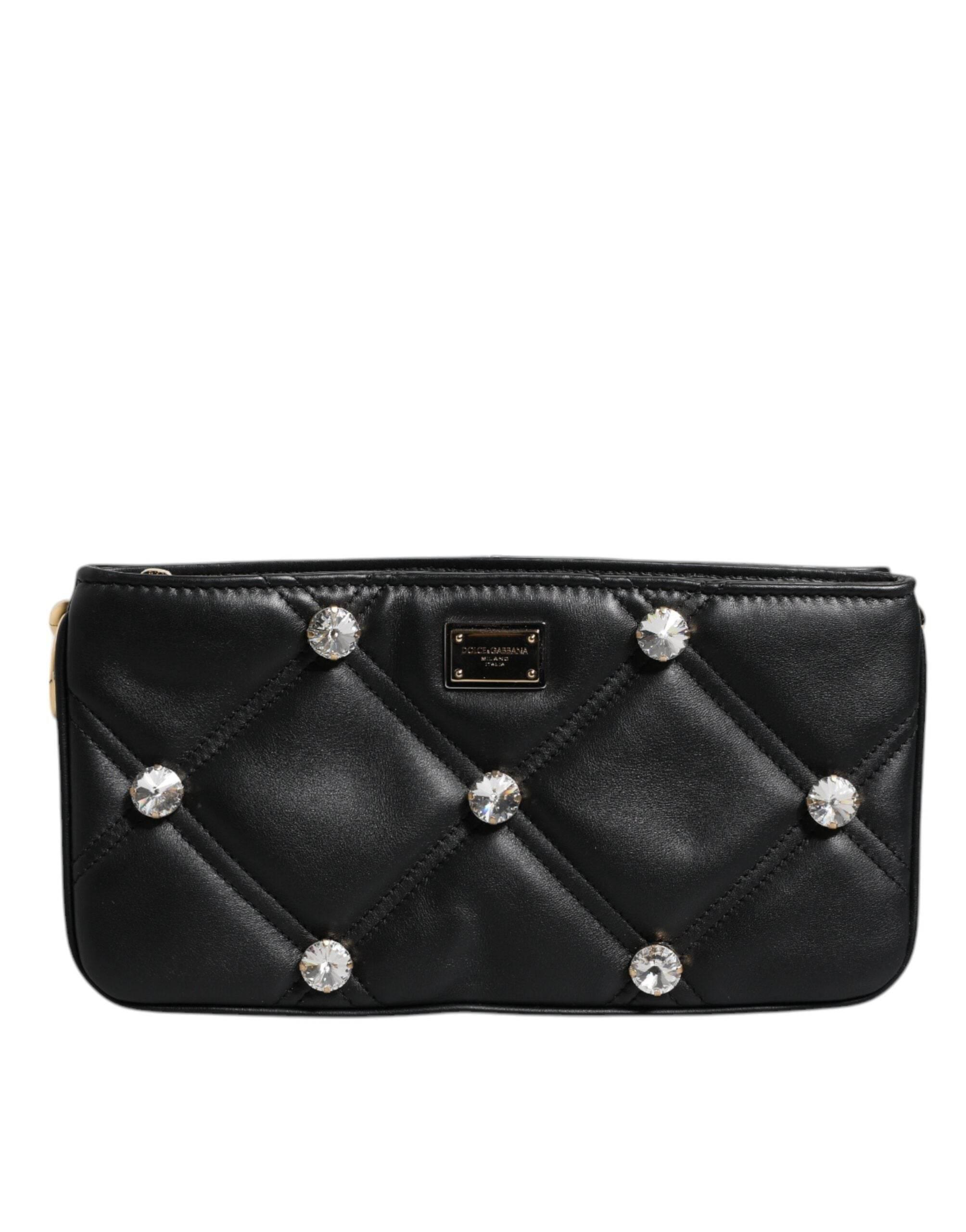 Dolce & Gabbana Black Leather Crystal Embellished Logo Shoulder Bag - Hilstor