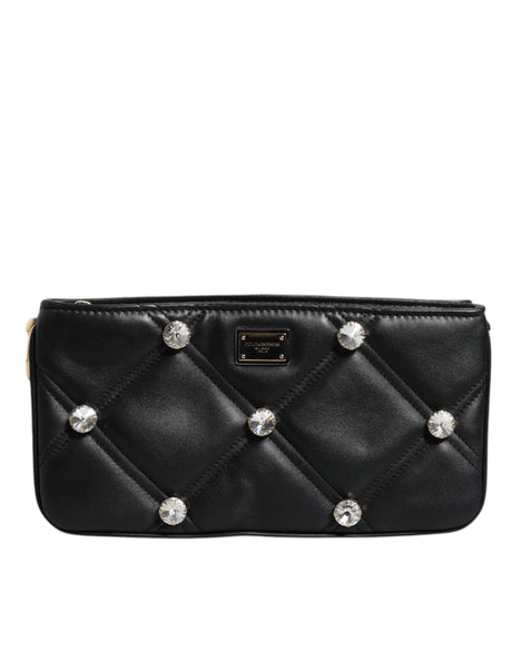 Dolce & Gabbana Black Leather Crystal Embellished Logo Shoulder Bag - Hilstor