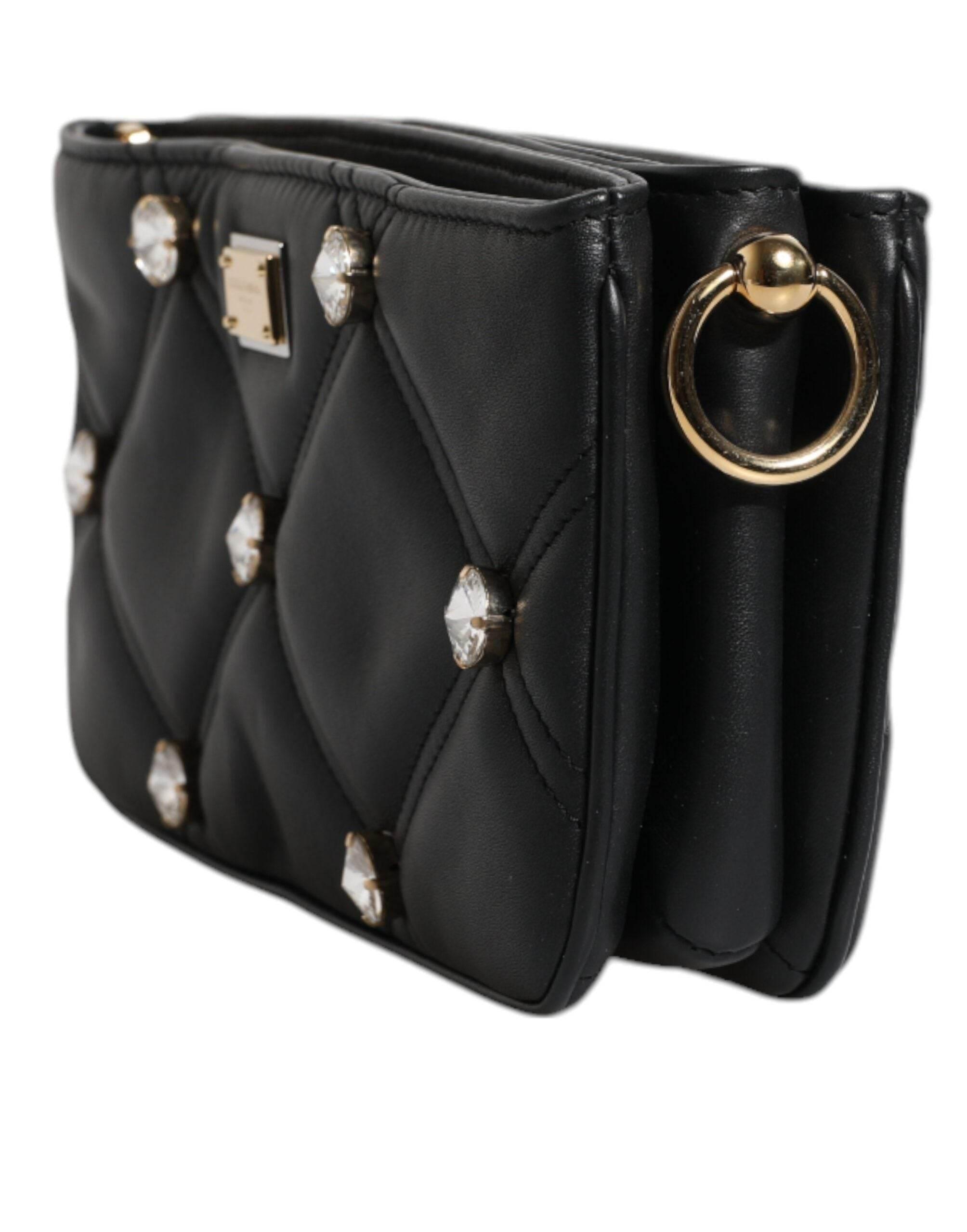 Dolce & Gabbana Black Leather Crystal Embellished Logo Shoulder Bag - Hilstor