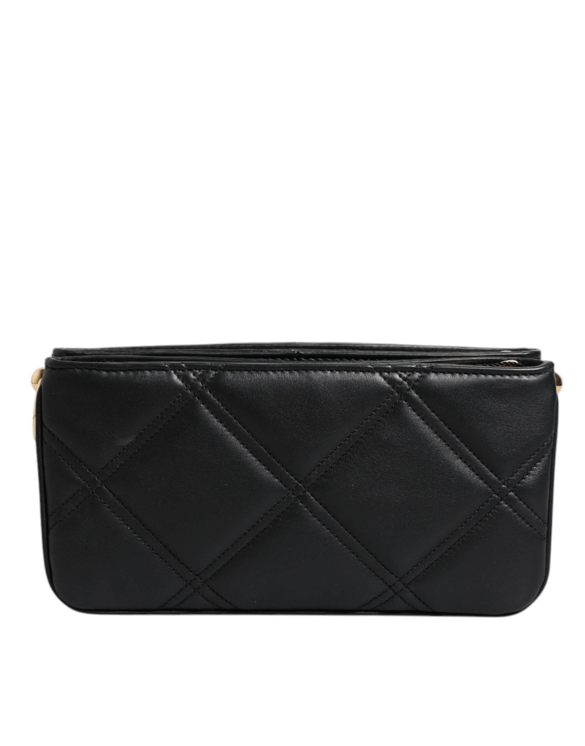 Dolce & Gabbana Black Leather Crystal Embellished Logo Shoulder Bag - Hilstor