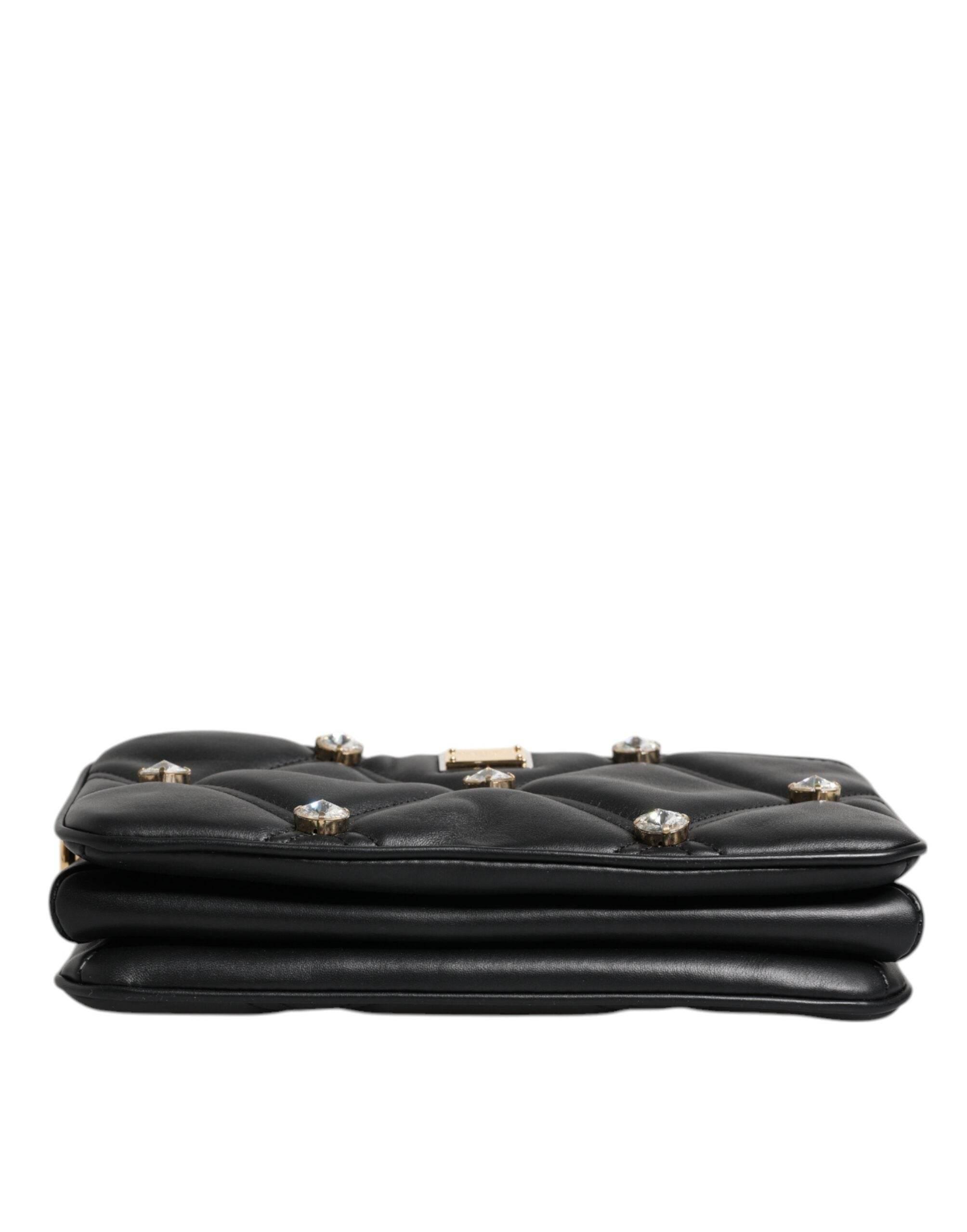 Dolce & Gabbana Black Leather Crystal Embellished Logo Shoulder Bag - Hilstor