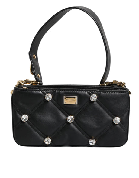 Dolce & Gabbana Black Leather Crystal Embellished Logo Shoulder Bag - Hilstor