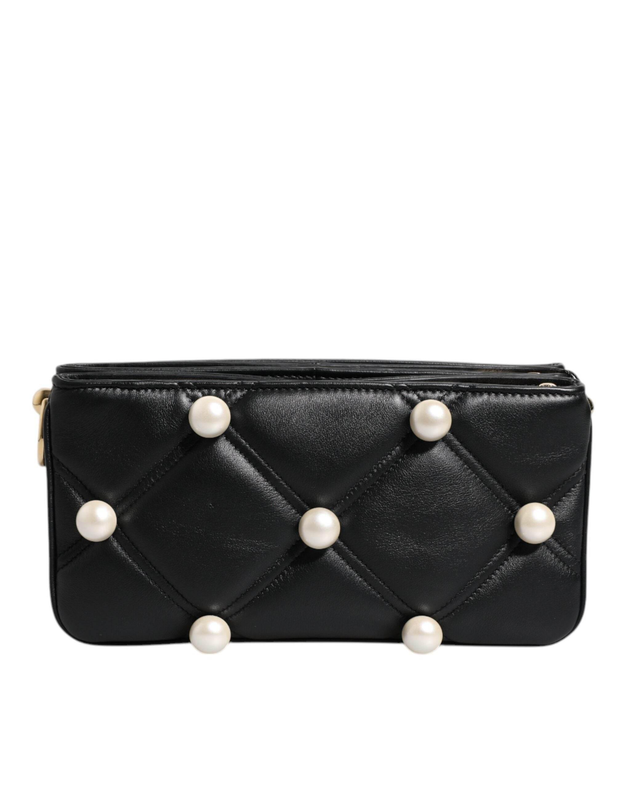 Dolce & Gabbana Black Leather Pearl Embellished Logo Shoulder Bag - Hilstor