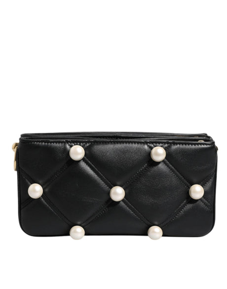 Dolce & Gabbana Black Leather Pearl Embellished Logo Shoulder Bag - Hilstor