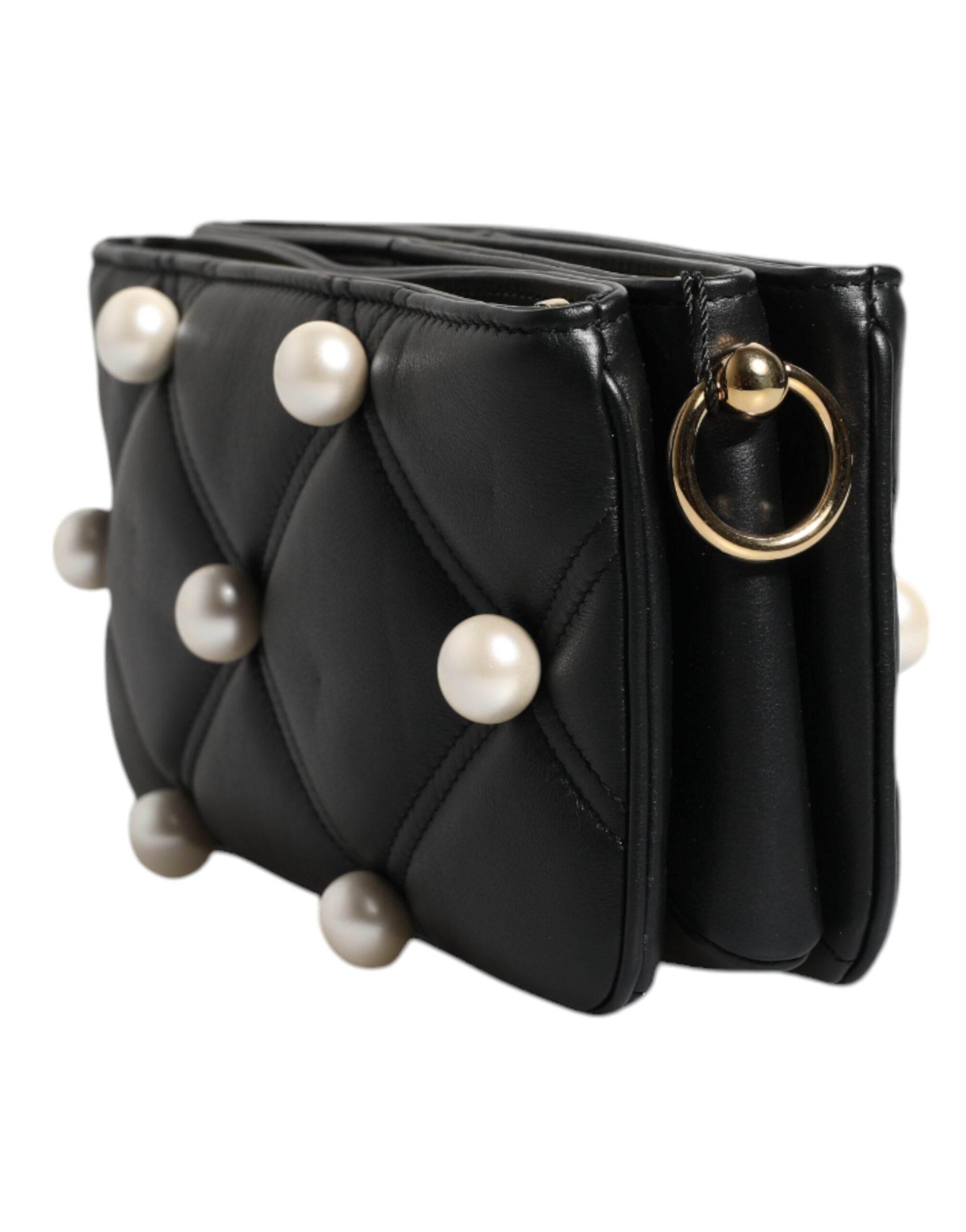 Dolce & Gabbana Black Leather Pearl Embellished Logo Shoulder Bag - Hilstor