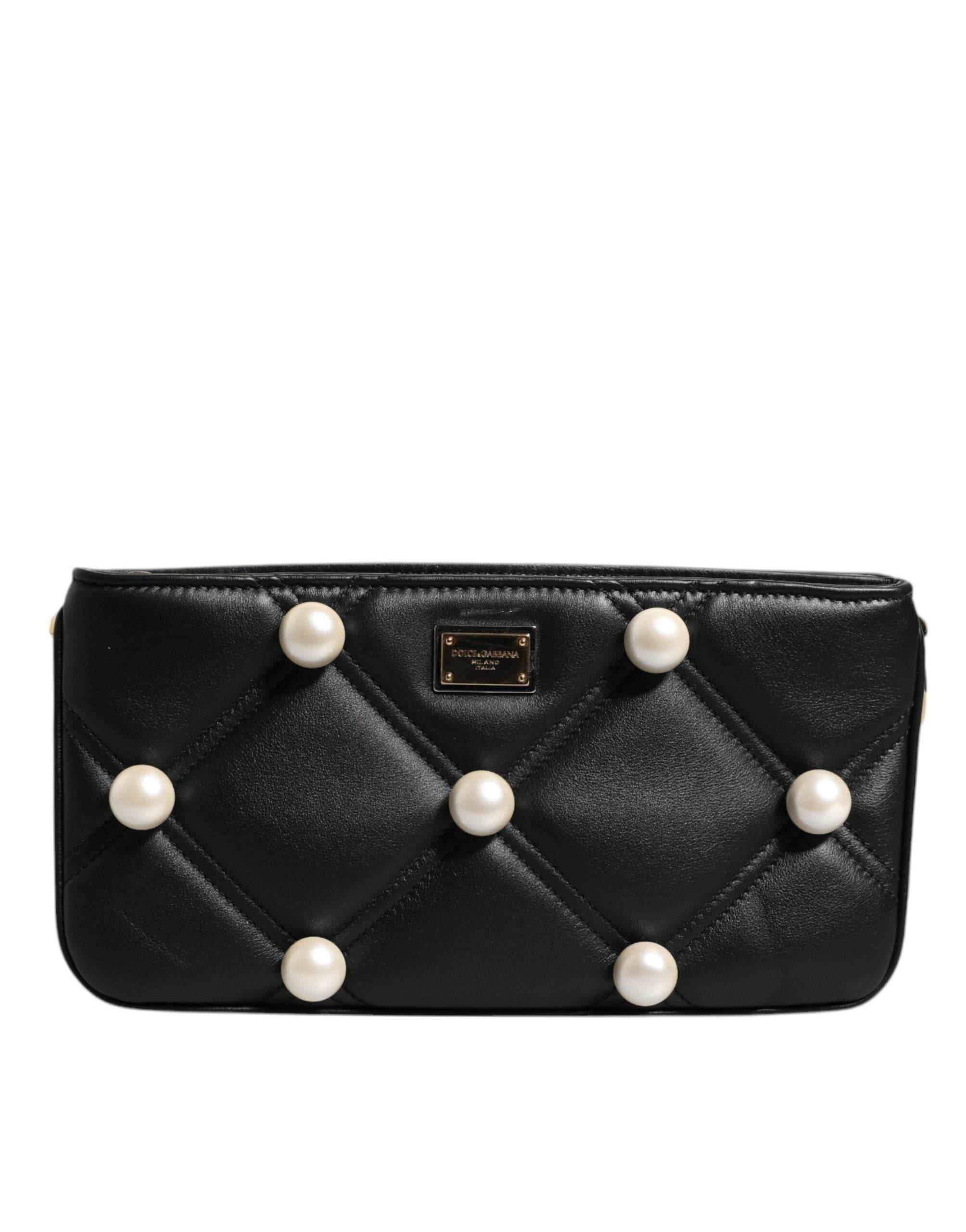 Dolce & Gabbana Black Leather Pearl Embellished Logo Shoulder Bag - Hilstor