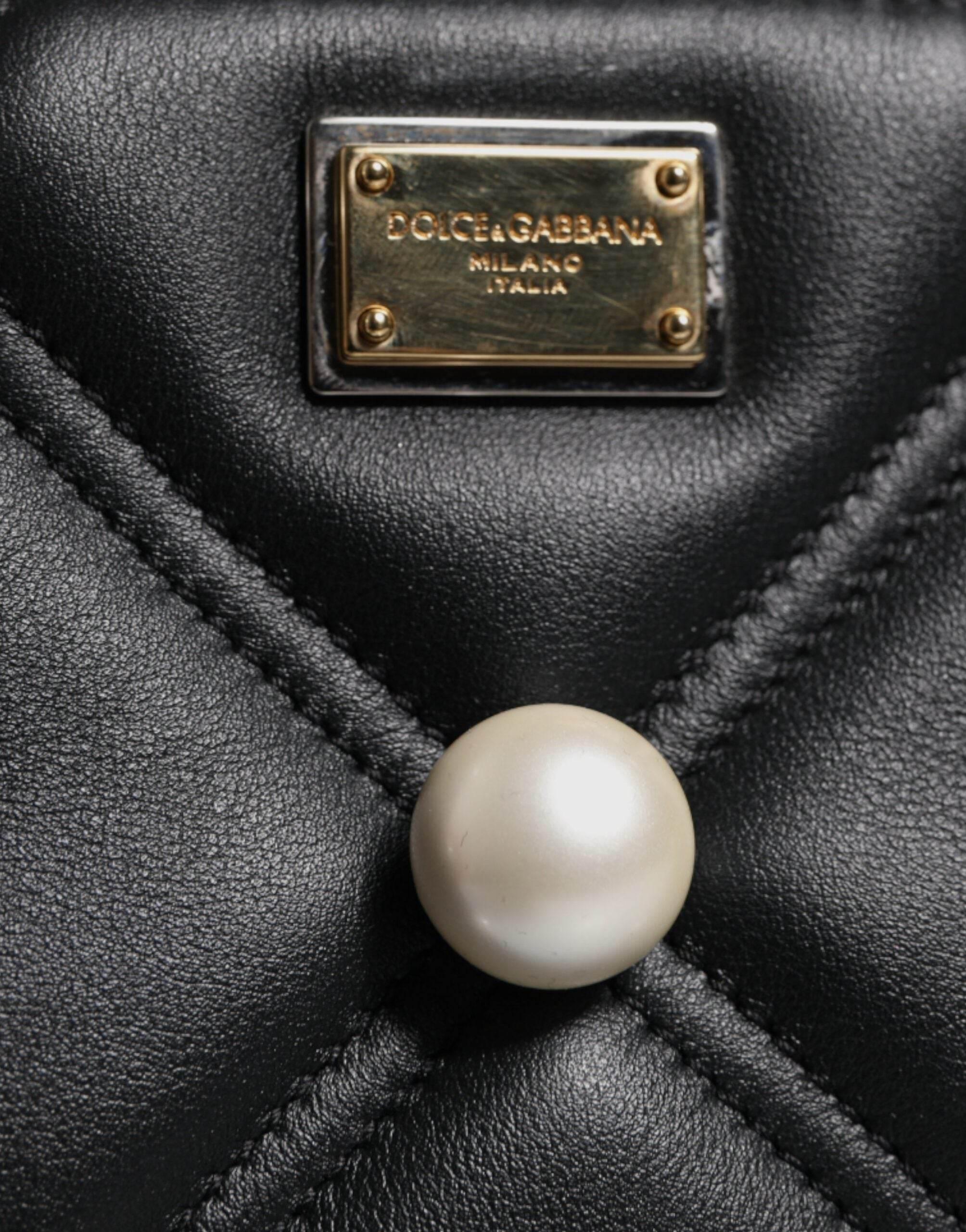 Dolce & Gabbana Black Leather Pearl Embellished Logo Shoulder Bag - Hilstor