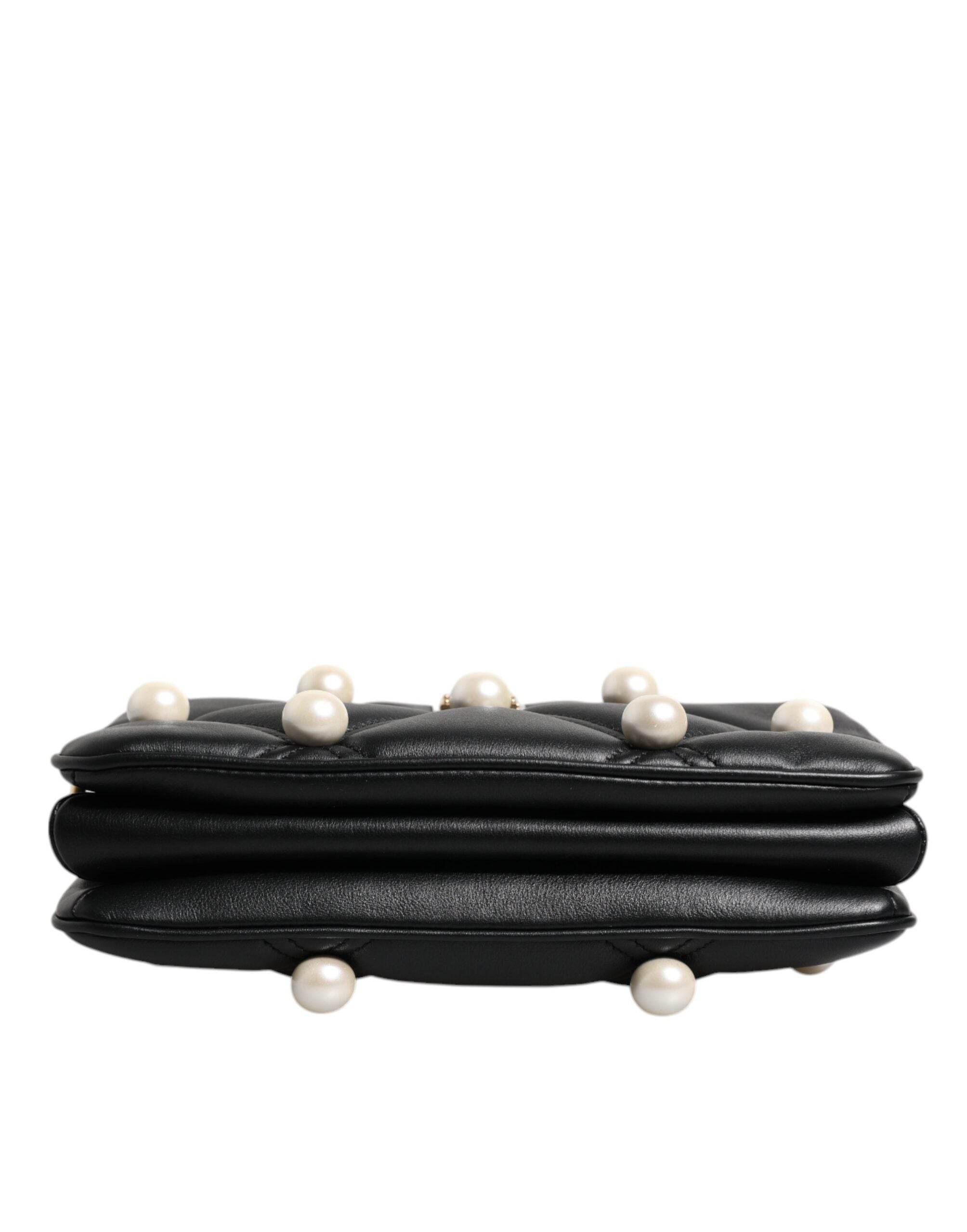 Dolce & Gabbana Black Leather Pearl Embellished Logo Shoulder Bag - Hilstor