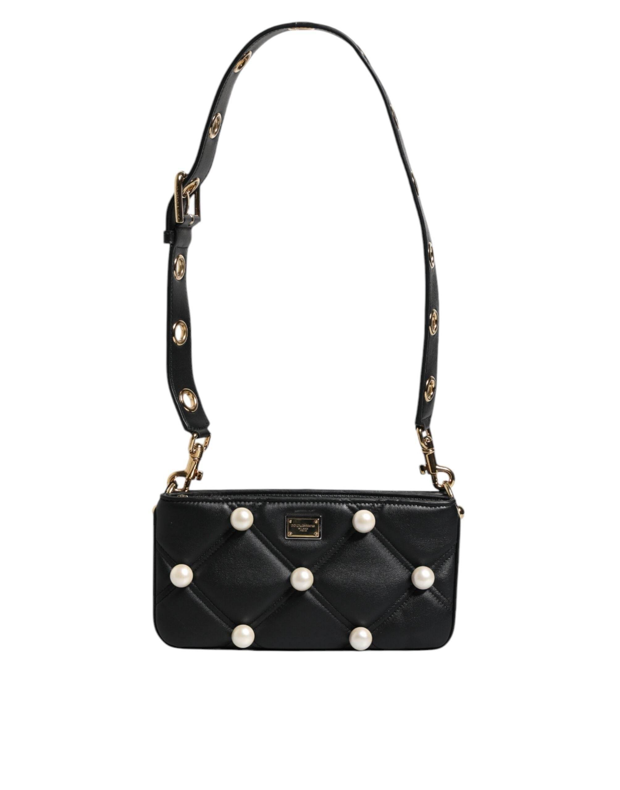 Dolce & Gabbana Black Leather Pearl Embellished Logo Shoulder Bag - Hilstor