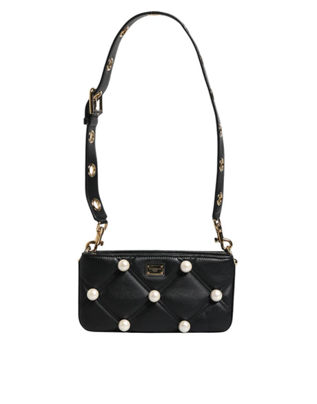 Dolce & Gabbana Black Leather Pearl Embellished Logo Shoulder Bag - Hilstor