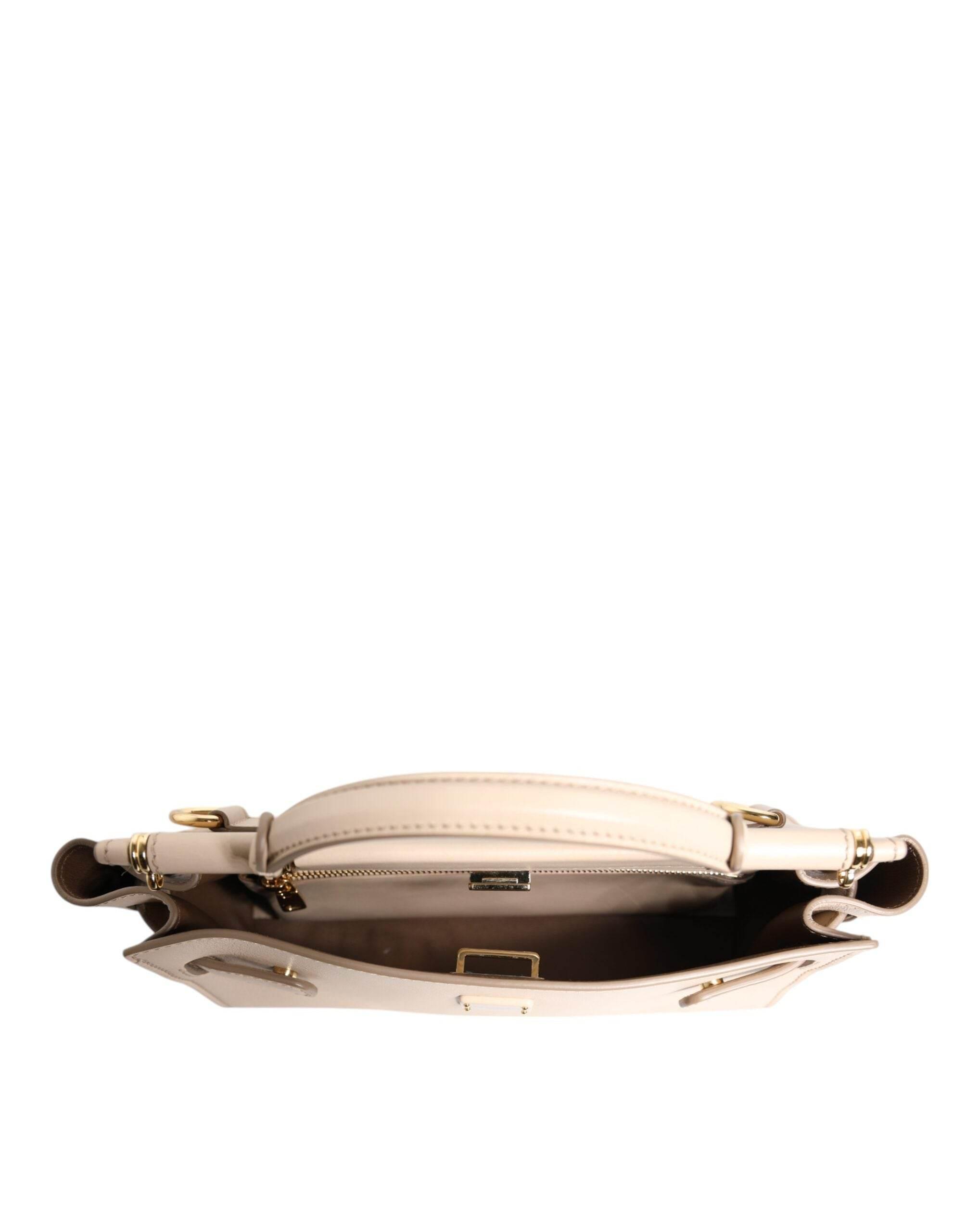 Dolce & Gabbana Beige Logo Plaque Leather Top Handle Strap Crossbody Bag - Hilstor